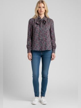 Pendleton Women's 100% Poly Floral Blouse Tie Scarf Button Front Shirt 6P  / D